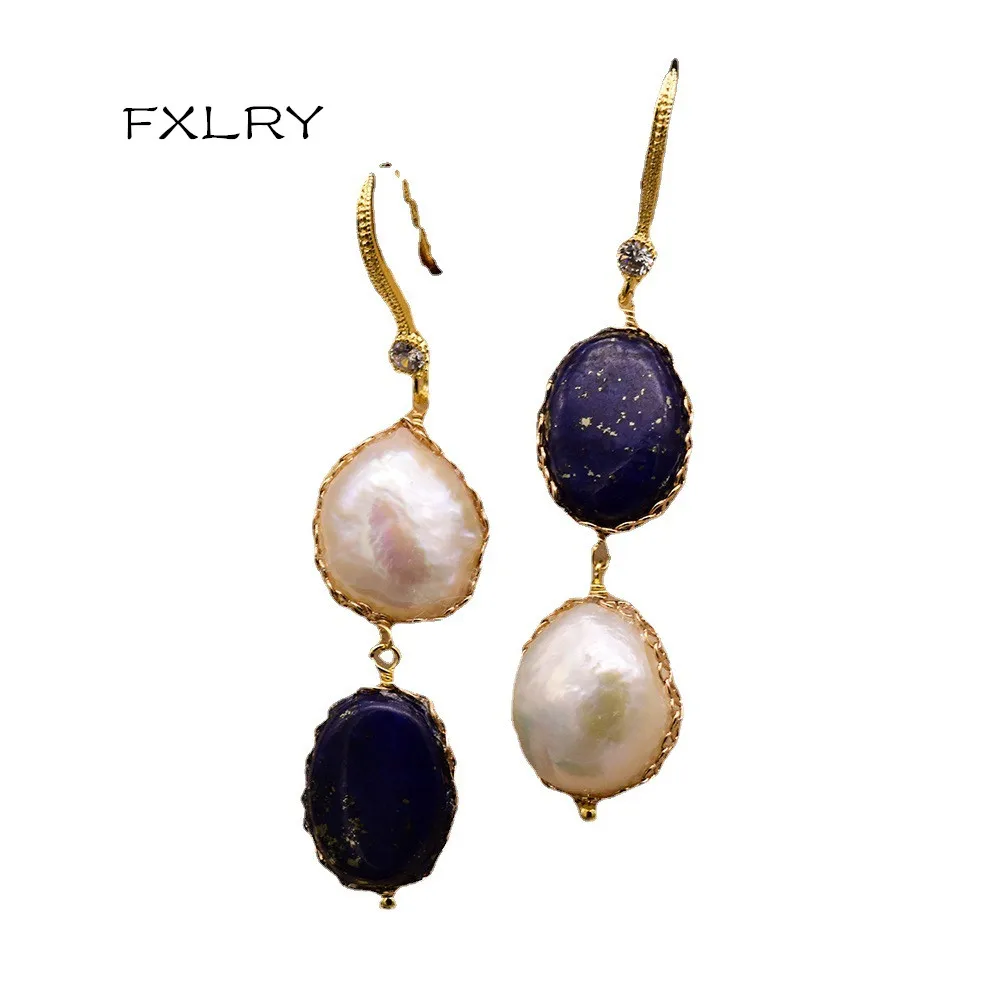 FXLRY Original Handmade Natural Baroque Pearl Lapis Lazuli Asymmetric Gold-Plated Long Earrings For Women Jewelry