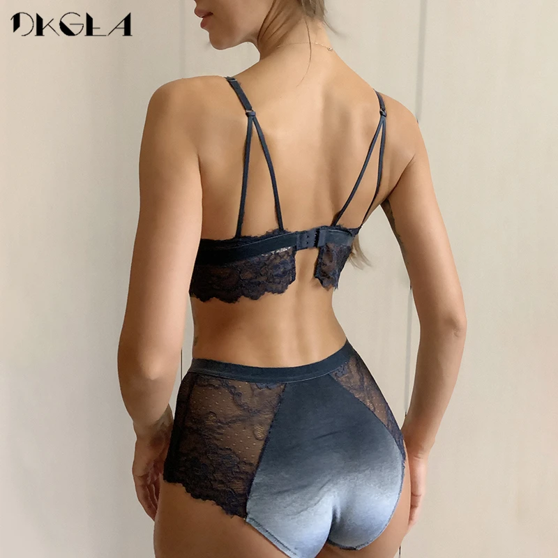 Fashion Blue Velvet Bra Lace Embroidery Brassiere Women Lingerie Thin Cotton Sexy Underwear Set Wire Free Bra Panties High Waist