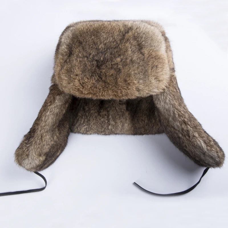 HT3262 Thick Warm Bomber Hat Men Real Rabbit Fur Earflap Trapper Russian Cap Male Plus Size Winter Hats for Men Ski Russian Hat