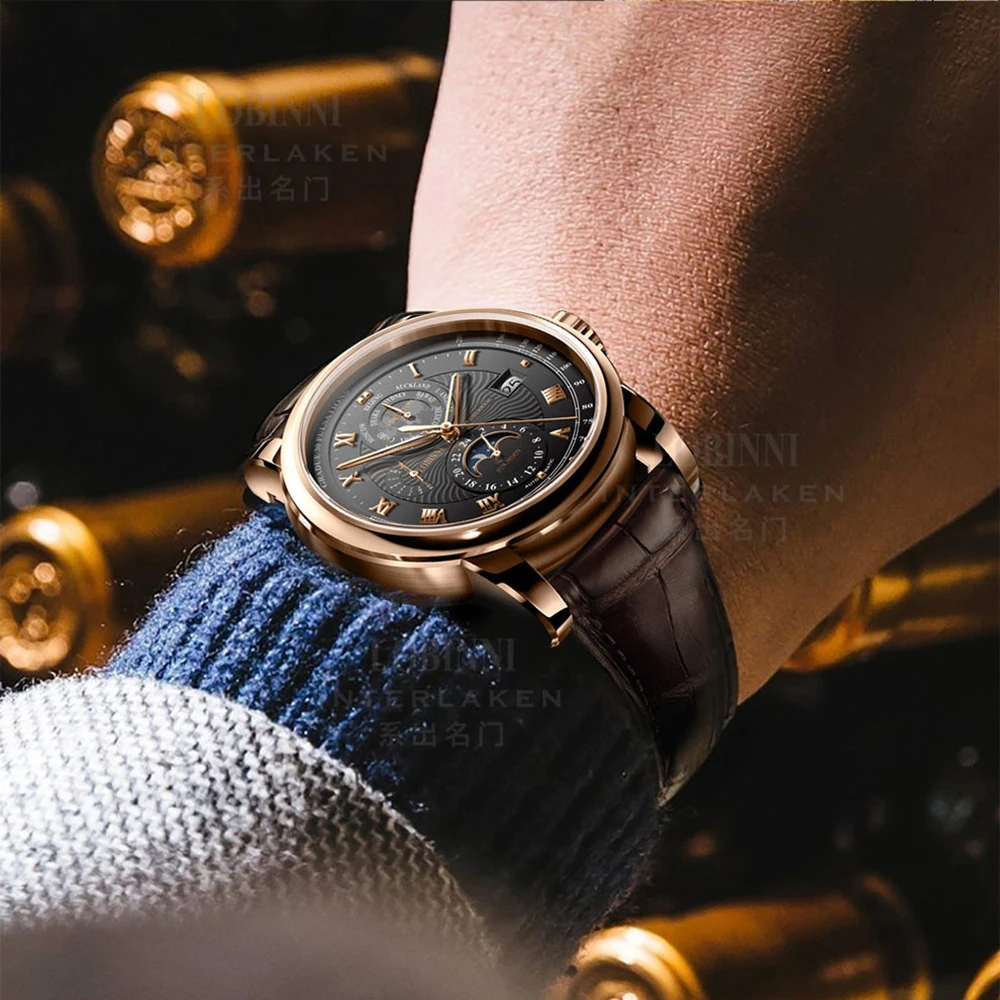 LOBINNI Mens นาฬิกาอัตโนมัติผู้ชายหรูหรานาฬิกาข้อมือนาฬิกาข้อมือกันน้ํา Sapphire สวิตเซอร์แลนด์ Relogio World Time