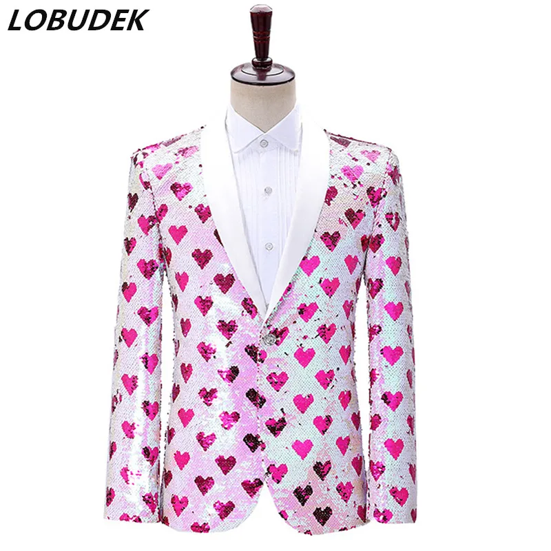 Men's Wedding Groom Suit Jackets Pink Heart Pattern Shinny Sequins Blazer Bar Evening Party Host Singer Stage Formal Slim Coat