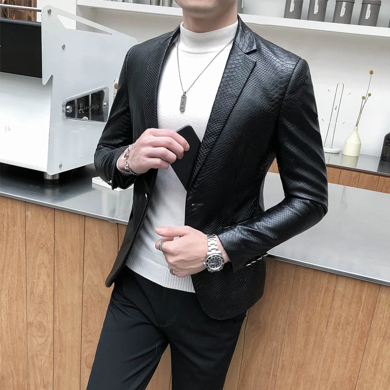 2023 Brand clothing Fashion Male High quality slim fit Casual leather jacket/Men\'s retro style leather suit/Blazers Cats S-4XL