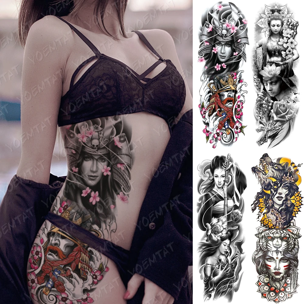 

Large Arm Sleeve Tattoo Japan Samurai Waterproof Temporary Tatto Sticker Geisha Waist Leg Body Art Full Fake Tatoo Women Men