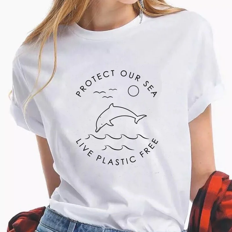 

Protect Our Sea Live Plastic Free Eco T-shirt Cute Women Graphic Organic Tee Shirt Top Unisex Summer Short Sleeve Vegan Tshirt