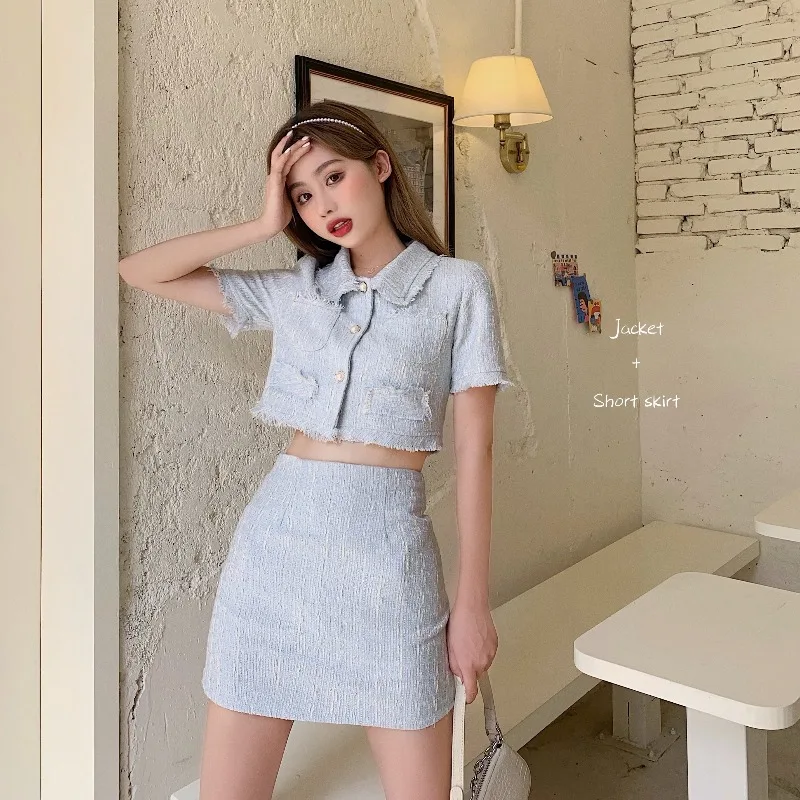 New Summer Women Korean Style Sweet 2 Piece Sets Turn-down Collar Jacket Crop Tops+Short Skirts Lady Elegant Two Piece Outfits