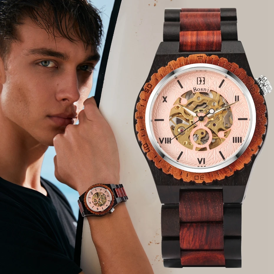 Mens Watches Top Luxury Mechanical Retro Black Face Automatic Skeleton Wooden Watch Clock Men Full Wood Band Business Wristwatch