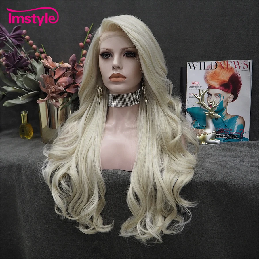 Imstyle Ash Blonde Wigs Synthetic Lace Front Wig Heat Resistant Fiber Natural Wavy Long Platinum Wigs For Women Cosplay Wig