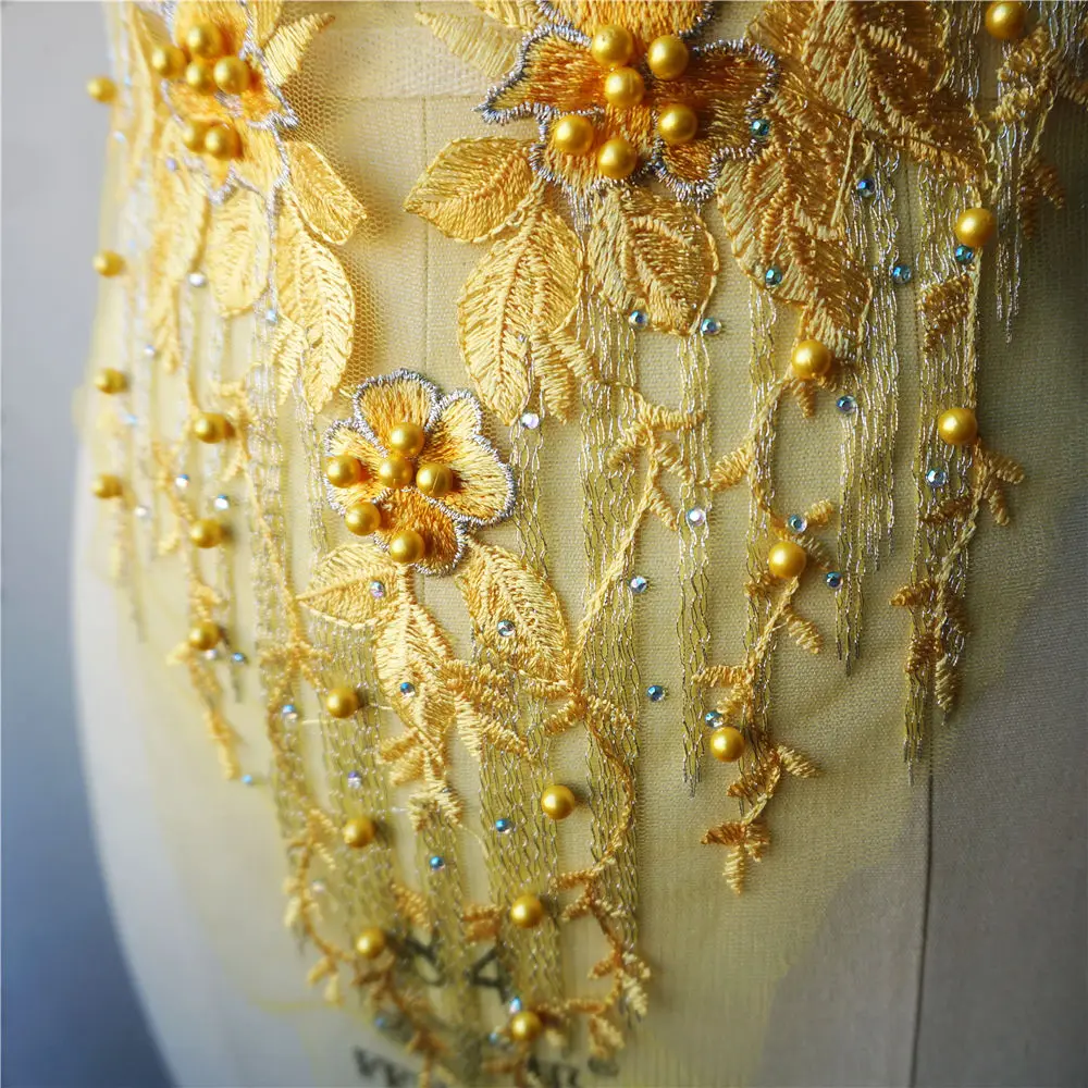 Yellow Lace Fabric Flower Tassel Beads Rhinestone Embroidered Gown Appliques Trims Collar Mesh Sew Patch For Wedding Decoration