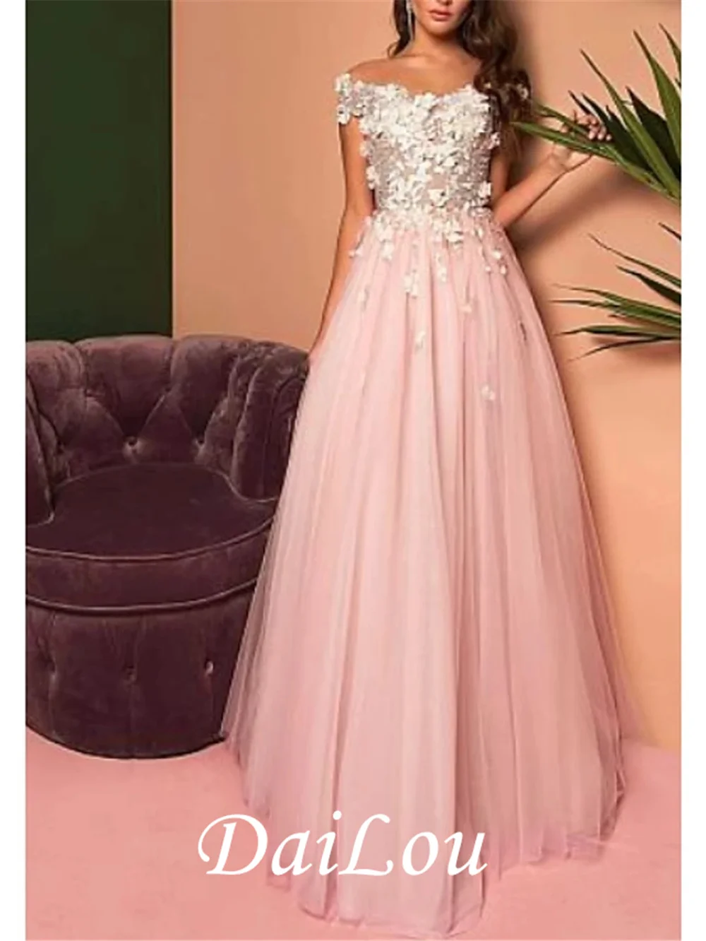 A-Line Open Back Prom Dress Off Shoulder Short Sleeve Floor Length Lace Tulle with Pleats Appliques 2021