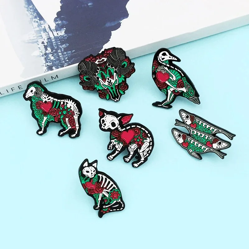 Creative Trendy Cartoon Cat Dog Bird Animal Skeleton Oil Drop Lapel Brooch Badges  Pin Denim Bag Gift Men Women Fashion Jewelry