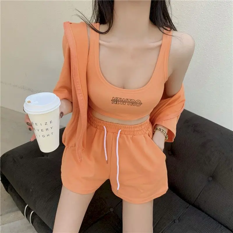 Womens Suit Leisure Sports Suit Cardigan Hoodies High Waist Vest Wide Leg Pants Fashion Running Three-piece Sets 2024 Summer New