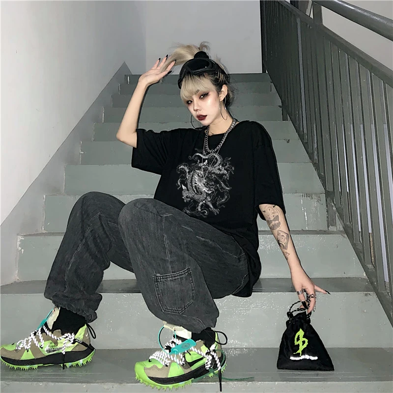 Korean Tees dropshipping Cotton Goth dragon punk Gothic clothes y2k top Short sleeve hip hop vintage print Harajuku women tshirt