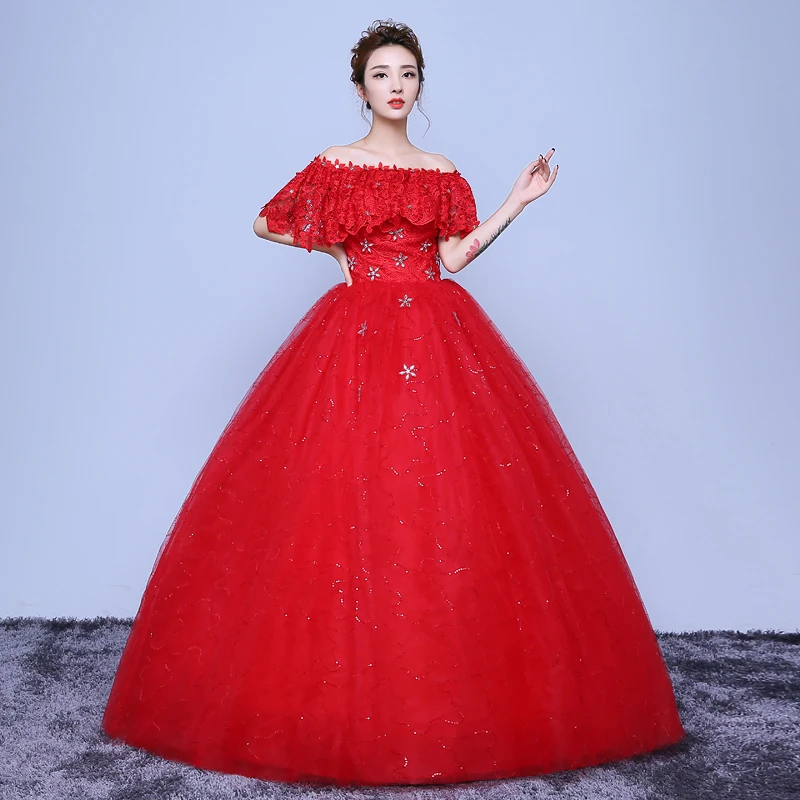 AnXin SH Princess vintage flower red luxury beading crystal boat neck ruffles lace ball gown white customized wedding dress