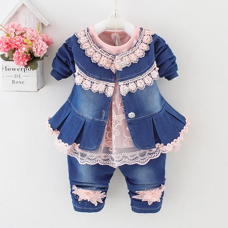 Spring Autumn Infant Toddler Baby Girl Denim Clothing Sets 3 pcs Long Sleeve T Shirt Tops Denim Jacket and Jeans Trousers