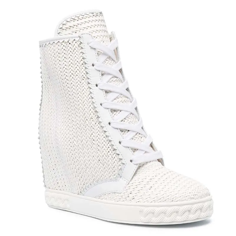 Popular Woman Cane Leather Cross Braided Hidden Wedge Ankle Boots Rattan Plaited Lace Up Boots Zipper  High Top Sneaker