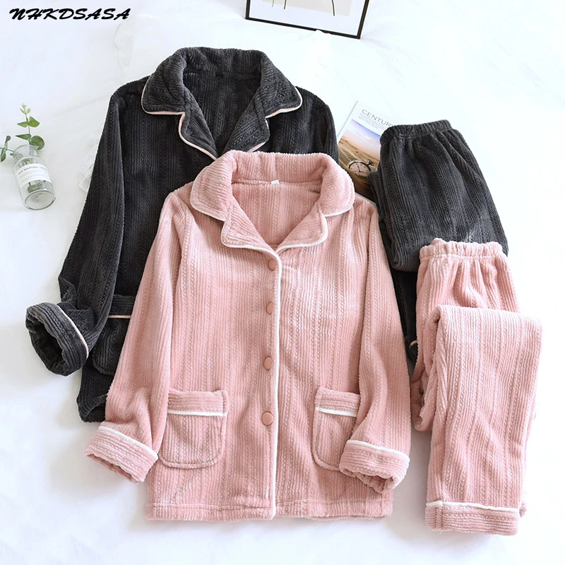 

NHKDSASA Lovers Homewear Soft Warm Pijama 2021 New Couples Pajamas Sets Women Men Warm Winter Thicken Pink Pyjamas Sleepwear