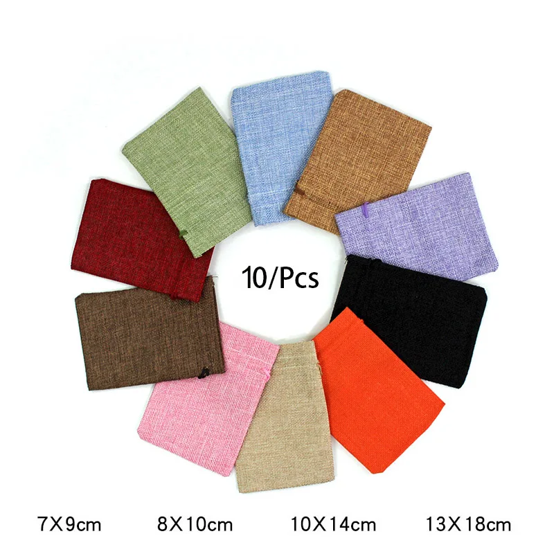 10Pcs/Lot Sznurek Naturalny Jutowy Worek Jutowy Woreczki na prezenty Wielowymiarowe opakowania na biżuterię Woreczki ślubne z torbą na cukierki Możliwość niestandardowego logo