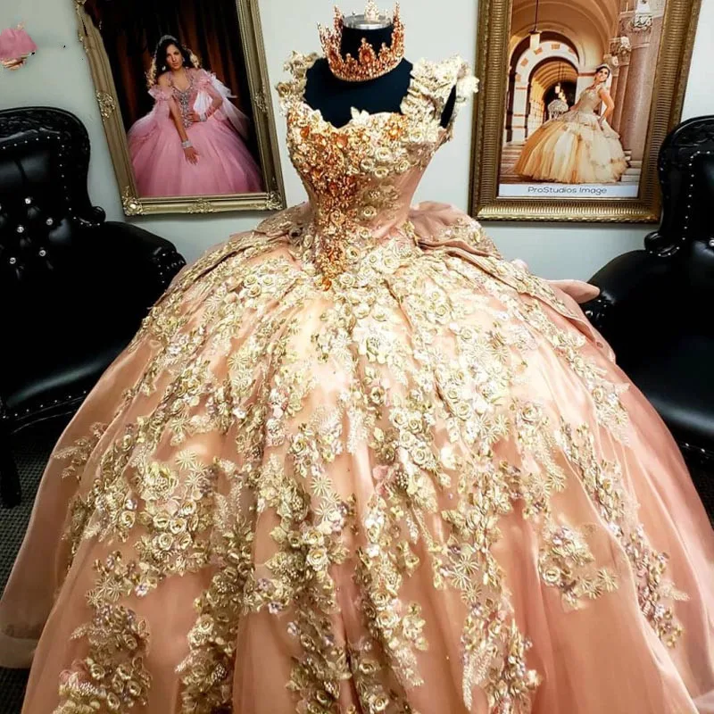 ピンクビーズ2021 quinceaneraのドレス3D花レースアップリケ花甘い16ドレスページェントvestidosデ · 15 anos