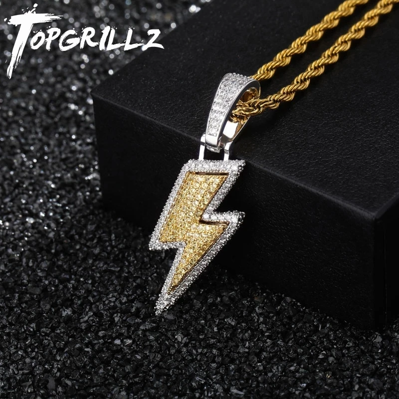 TOPGRILLZ Iced Out Bling Lightning Pendants With Tennis Chain Copper Material AAA Cubic Zircon Men\'s Hip Hop Jewelry Gift