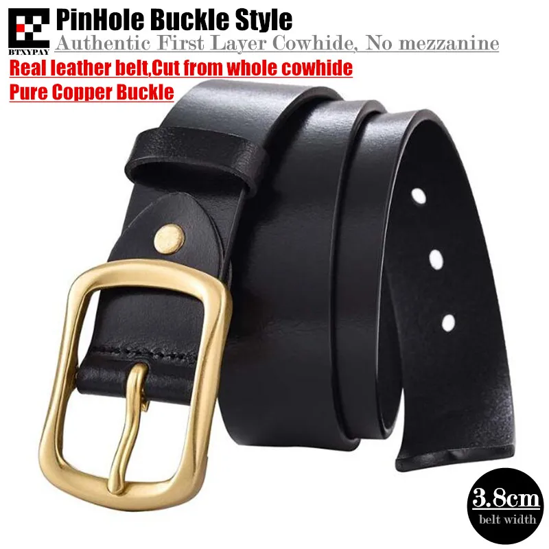 

Authentic 3.8cm Width Men Genuine Leather Belts,First Layer Cowhide PinHole Buckle Waistband,with Belt Copper Buckle L:115-125cm