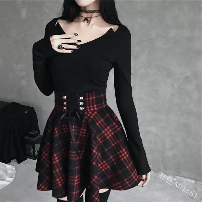 2024 High Waist Mini Gothic Skirt Lace Up Front A-Line Checkered Harajuku Dancing Clubwear Women Style Sweat Short Punk Skirts