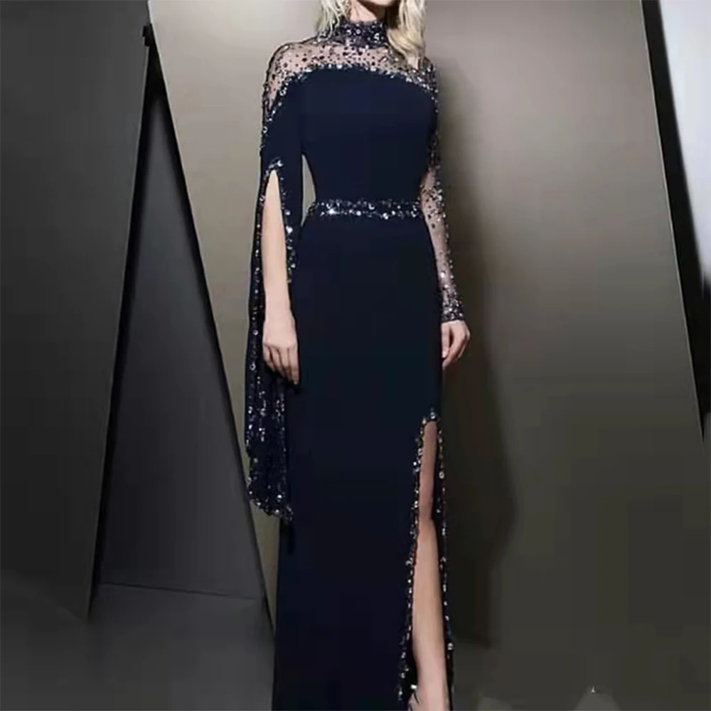 Shinny Beaded High Neck Prom Dresses 2023 Full Sleeves Back Illusion Party Formal Evening Gowns Customize robe de soirée