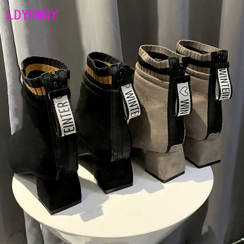 Large size British style autumn and winter 2021 new square toe thick heel ankle boots high heels