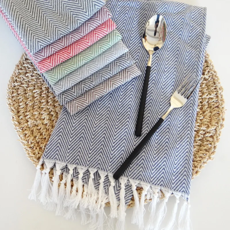 120Pcs/Lot Cotton Yarn Dyed Dish Towel With Hand-made Tassel Napkin Tea Towel Dishtowel Kitchen Towel Cleaning Cloth Multi