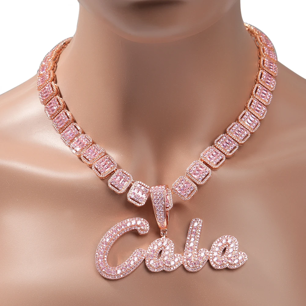 TBTK Custom Name Necklace Brush Script Bubble Letter Iced Out Two Tone CZ Name Plate Pendant Tennis Chain Hiphop Jewelry