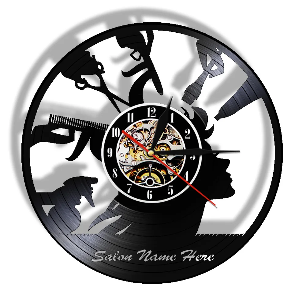 Professional Hair Salon Personalized Wall Clock Hair Cut Salon Custom Hairdressing Business Name Vintage Vinyl Record Wall Clock