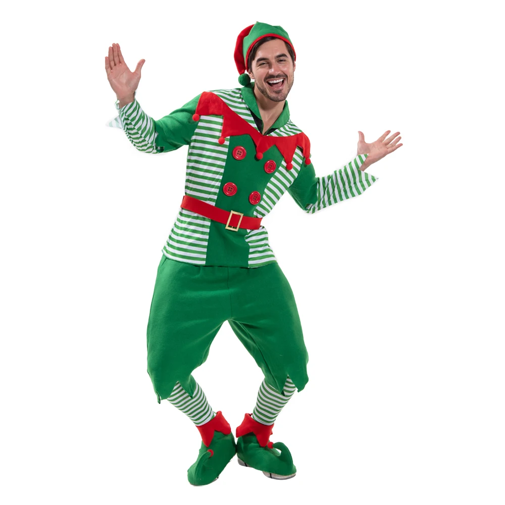 Deluxe Gestreepte Kerst Elf Volwassen Cosplay Kostuum Mannen Vrouwen Kerstman Nieuwjaar Paar Suits