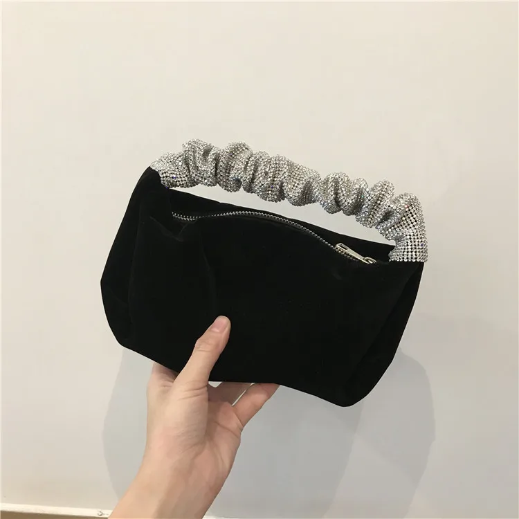 Rhinestones Handle Velvet Handbag Women 2022 New Luxury Soft Square Clutch Bags Female Designer black Purses Quality