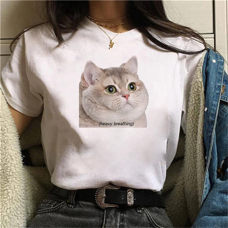 Women summer short sleeve shirt the neck casual funny cat tops feminine gift for ladies mujer