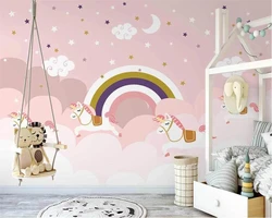 beibehang Custom Nordic New Nordic Hand-painted Cartoon Rainbow Unicorn Children's Room Wallpaper papel de parede wall paper