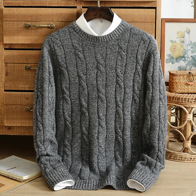 Winter new style 100% pure cashmere sweater men\'s three-strand thick pure color jacquard pullover round neck knitted sweater