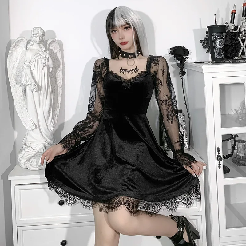 E-mädchen Grunge Gothic Schwarz Mini Kleid Spitze Trim Hohe Taille Bodycon Kleid Y2K Frauen 90s Vintage Punk harajuku Lolita Kleidung
