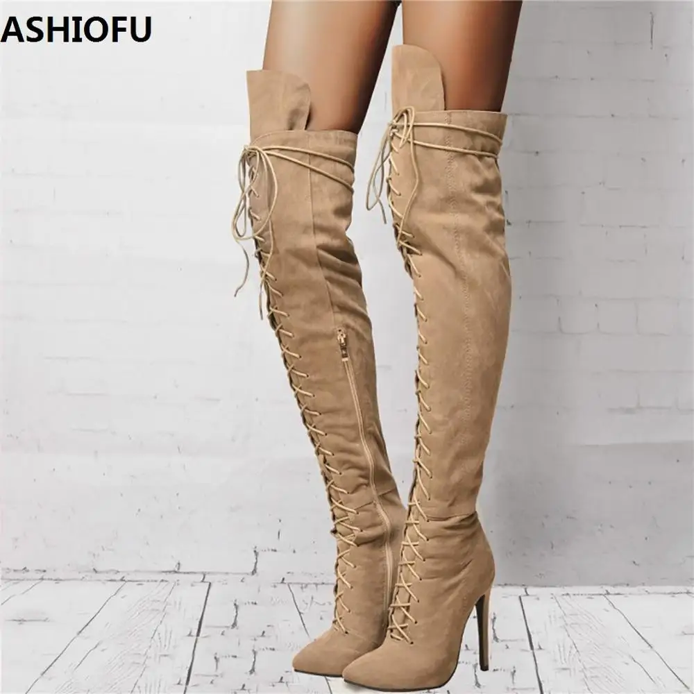 

ASHIOFU Wholesale Handmade Ladies High Heel Boots Sexy Party Prom Thigh High Boots Club Fashion Evening Winter Long Boots Shoes