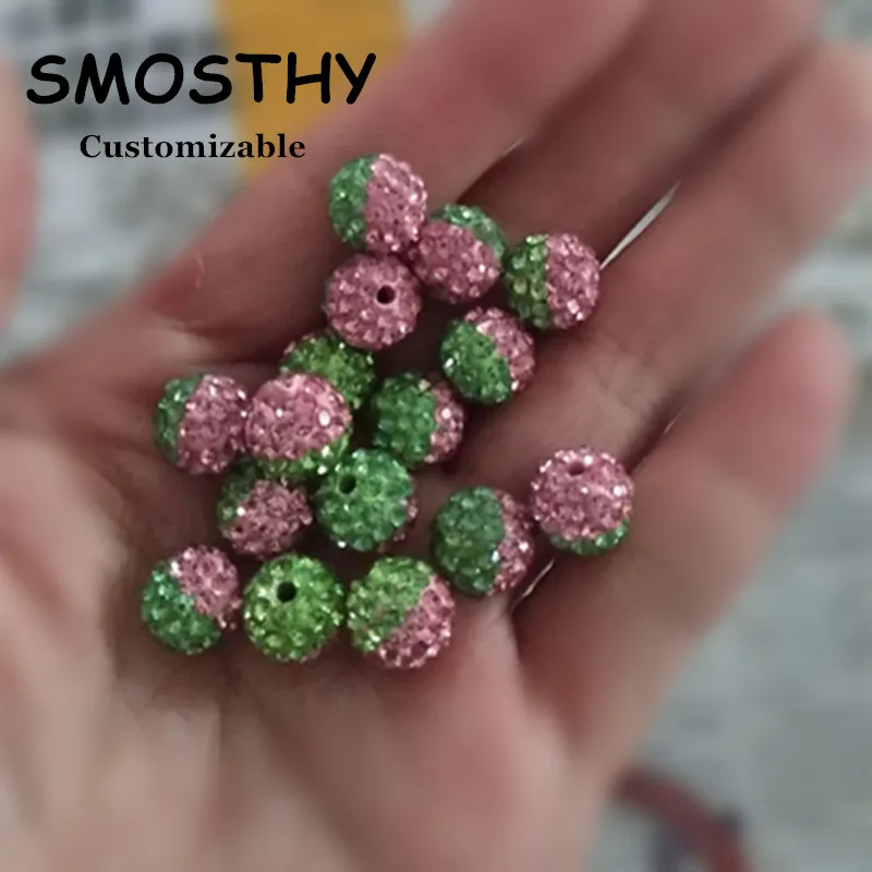 Espaciador de arcilla pavé verde rosa de cristal ostentoso para mujer, pulsera de cuentas sueltas griegas de Sorority, fabricación de collares, 10mm, 12mm, OCB002, lote de 10 piezas