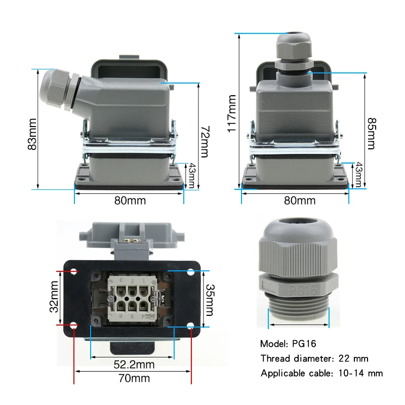 Rectangular plug heavy-duty connector he-06-5-6 6-core side ejector base with cover high base with cover 16A