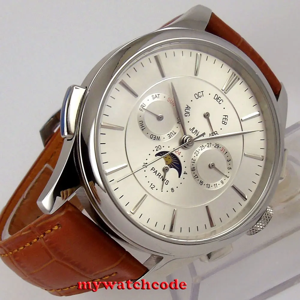 43mm Parnis white dial Power Reserve Indiactor 316L stainless steel watch case brown leather strap automatic men\'s watch