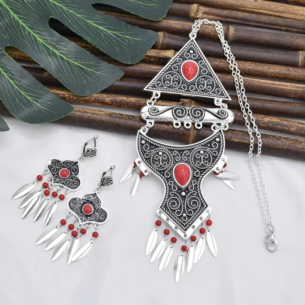 Vintage African Jewelry Sets for Women Metal Round Geometry Pendant Necklace Statement Earrings Wedding Party Jewellery Gift