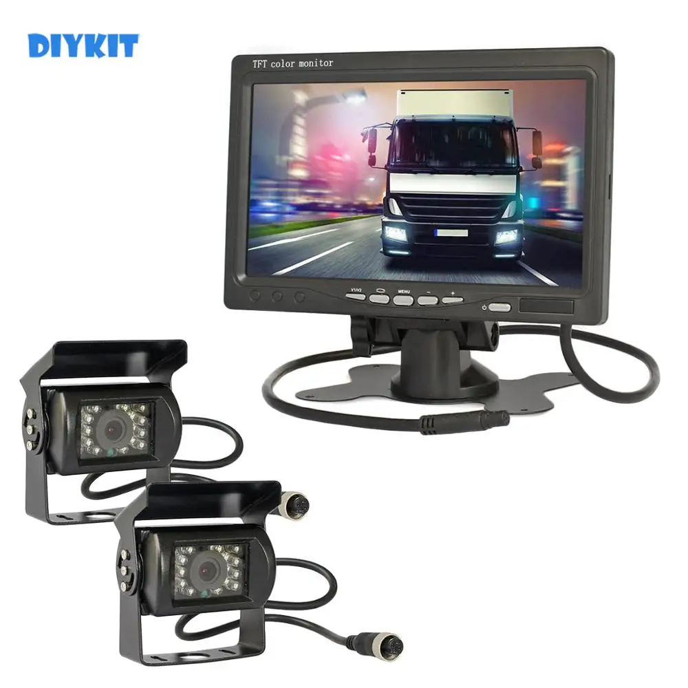 

DIYKIT 2 x 4pin Night Vision CCD Rear View Camera Kit DC 12V - 24V 7inch TFT LCD Monitor System for Bus Houseboat Truck