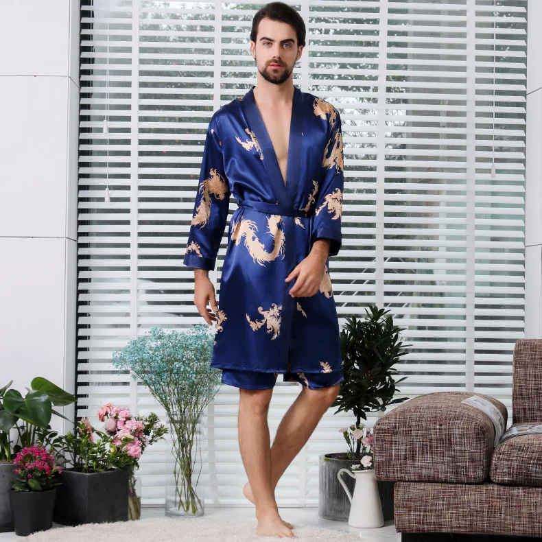 Rob-Conjunto de Kimono para hombre, ropa de dormir con cinturón elástico, traje de dos piezas de seda de dragón chino, pijama con pantalones cortos,