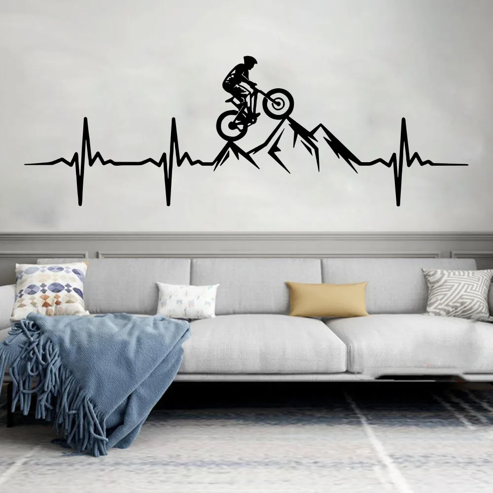 MTB Mountain Bike Heartbeat Wall Decal Living Room Bedroom  Man Mountain Biker Downhill Bicycle Wall Sticker Playroom Vinyl