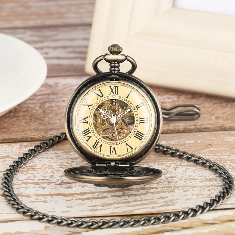 Reloj de bolsillo mecánico con diseño de ratón de bronce, pulsera con cadena gruesa de aleación, cuerda manual, números romanos, esfera de Animal, regalo