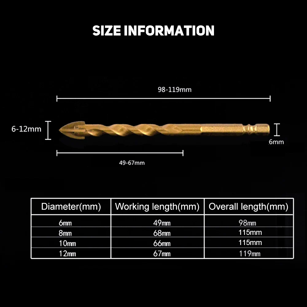 1Pc Hex Shank Titanium Tungsten Boor Carbide Tegel Glas Gaten Cross Spear Hoofd Boren Cutter Tool 6Mm 8Mm 10Mm 12Mm