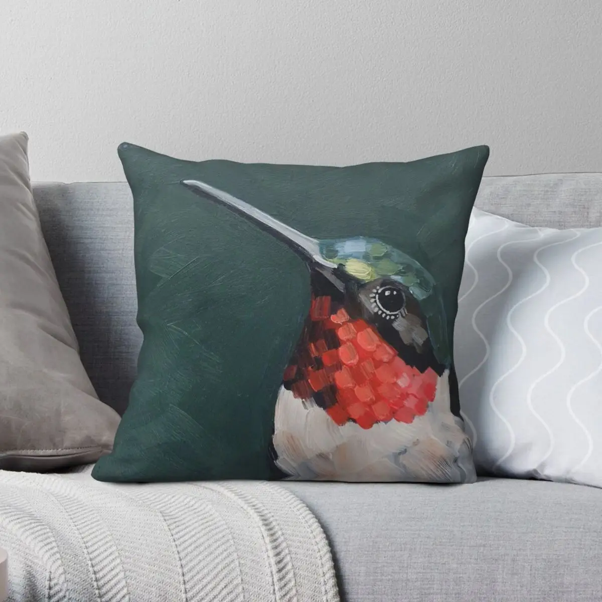 Ruby Throated Hummingbird Square Pillowcase Polyester Linen Velvet Pattern Zip Decor Sofa Cushion Case 45x45