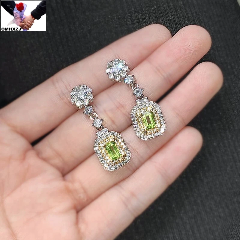 OMHXZJ EA973 New luxury inlaid medium quality natural peridot princess diamond earrings for women 4*6mm