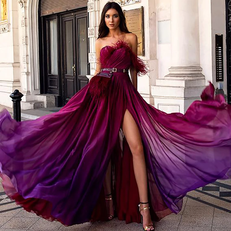 LORIE-vestidos de gasa con plumas para celebridades, vestidos de noche formales de línea A, vestidos de fiesta de graduación en la playa, abertura alta, 2021