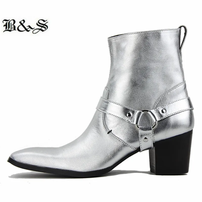 

Black&Street wyatt 5.6cm heel pionted toe buckle strap men high heel Boots genuine leather western Chelsea denim botas plus size